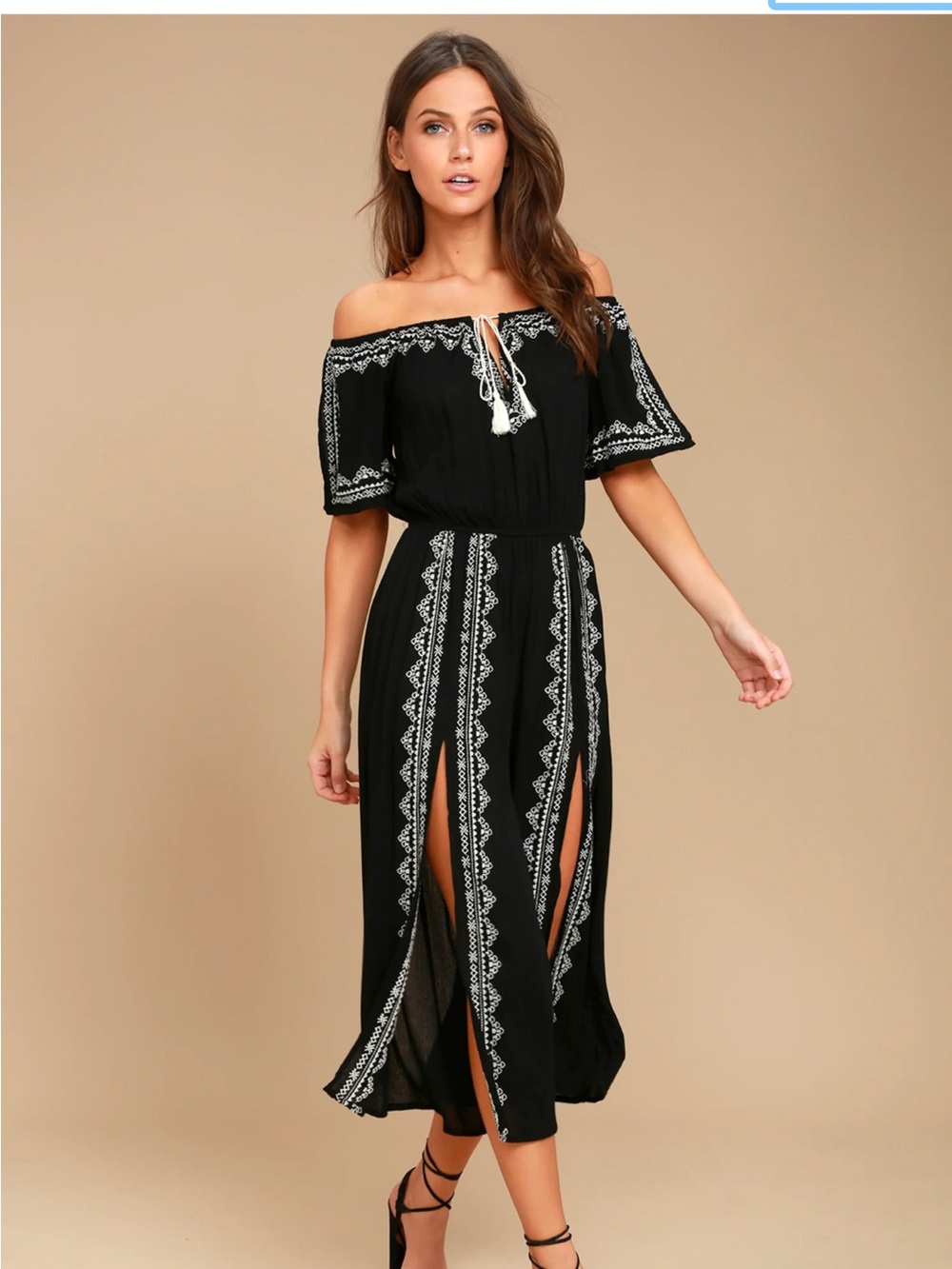 Lulus Black Embroidered Off-the-Shoulder Jumpsuit.
